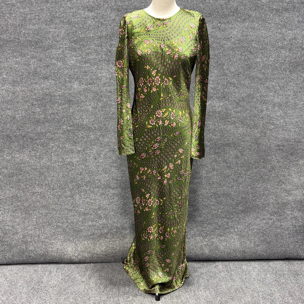Veronica Beard Dress Womens 4 Green Floral Satin Cutout Long Sleeve Maxi Gown